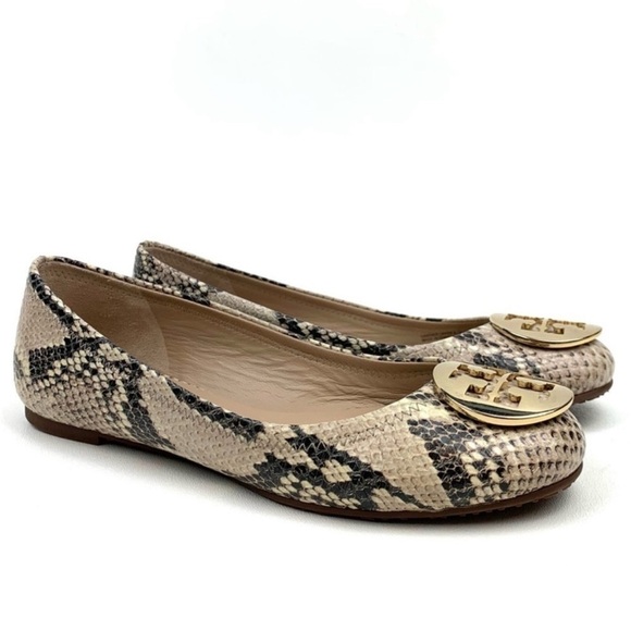 Tory Burch Brown Cream Leather Roccio Python Reva Ballet Flats Goldtone Logo - Picture 2 of 12